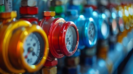 Closeup of colorful HVAC dials on shiny metal surface