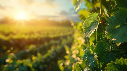 Lush vineyard leaves with advanced digital hologram analysis in sunlit field