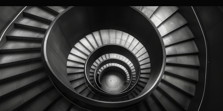 A spiral staircase with black and white steps