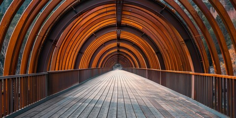 A long wooden bridge with a curved design