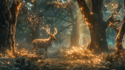 Fantasy scene with a luminous astral stag in an enchanted woodland.