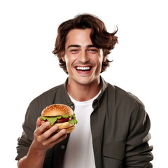 Happy smiling young man holding a hamburger to eat, isolated on transparent background