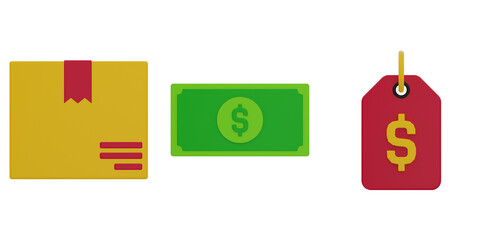 3d Delivery Box, Pay Cash, Price Tag. 3d render icon pack. high quality render