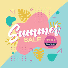 Summer sale banner vector illustration. Summer sale promotional banner with tropical beach. Summer sale design template banner, poster, coupon, Voucher, Banner, Flyer.
