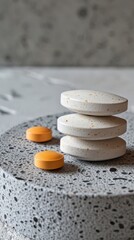 Several effervescent tablet pills displayed on a grey stone background, representing healthcare, medication, and pharmaceutical industry