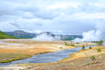 Geothermal activity in Yellowstone National Park during autumn in Wyoming, USA