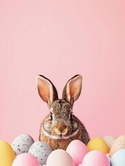 Naklejka na ściany i meble Easter eggs day frame background with rabbit, copy space.