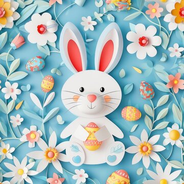 bunny and easter eggs, paper art pattern.