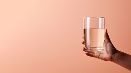 Hand holding a glass of water isolated on pastel background