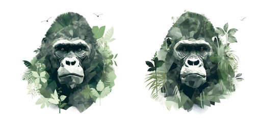 Drawing of a gorilla portrait. Stylized illustration of a great ape.	