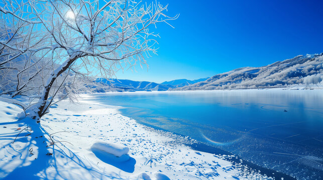 Splendeur hivernale : Lac gel&eacute; sous un ciel bleu azur et soleil radieux
