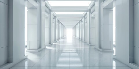 Fototapeta na wymiar A long, narrow hallway with white walls and white flooring