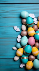 colorful painted easter eggs on blue  wood background. Easter frame of eggs painted in blue red yellow pink green colorful color. Flat lay, top view. Copy space for tex