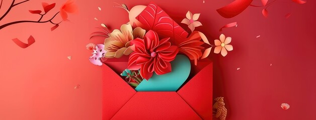 Festive Red Envelope with Blossoming Flowers