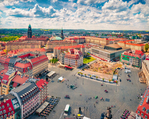 Colorful summer view from Church of Our Lady (Frauenkirche) of popular historical landmark in Dresden.- Neumarkt Dresden. Aerial morning scene of Saxony, Germany. Traveling concept background. - obrazy, fototapety, plakaty
