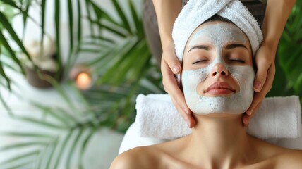 Woman receiving facial massage on a towel. Getting skin care treatment from cosmetician. Spa treatment for cleaning woman's face