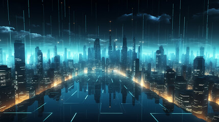 Smart city on background, featuring smart infrastructure and connected buildings