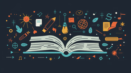 Knowledge and Creativity Concept with Open Book and Colorful Icons