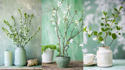 Spring Blossom Trio: Fresh Blooms in Stylish Vases on Wooden Table