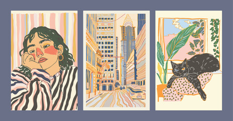 Art Deco-inspired urban portraits, with a minimalist touch, featuring a pensive woman, a sleek cityscape, and a cat lounging by plants. Wall art illustration for interior design.