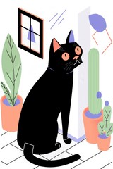 Artistic and modern illustration of a black cat with playful abstract elements, perfect for chic home decor and pet lovers.