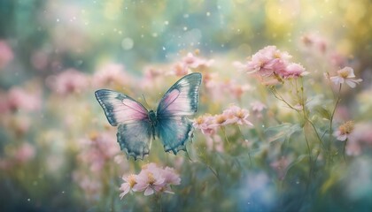 A tranquil watercolor: pastel hues depict delicate flowers in pink, blue, and yellow, with light green foliage and a fluttering butterfly above.