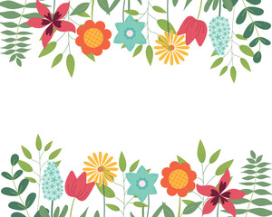 Hand sketched background, vector illustration. Borders with leaves and flowers for greeting card, invitation template. Retro, vintage lettering banner, poster, background.