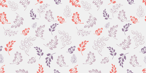 Pastel seamless pattern with abstract branches with tiny leaves. Vector hand drawn sketch. Simple white background with creative cute floral stems in shapes dots, drops, spots printing. Template