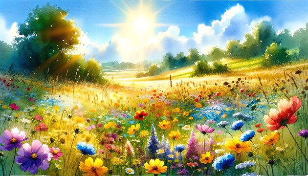 Watercolor of summer meadow on a beautiful sunny day © monkik.