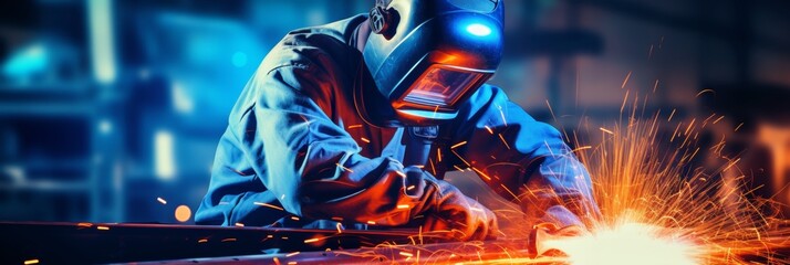 Close up of professional welder working on medium sized pipe with blue light, copy space included