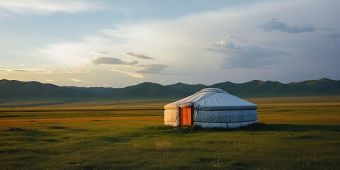 Fototapeta na wymiar Peaceful Mongolian Yurt at Sunset in the Steppe