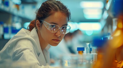Young female scientist is intently focusing on her laboratory work, surrounded by scientific equipment and samples.