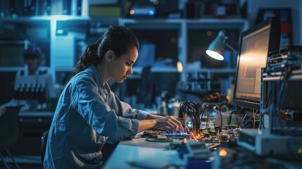 Female Engineer Working on Circuit Board in Lab - obrazy, fototapety, plakaty
