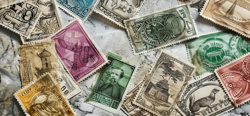 Vintage Postage Stamps Collection on Marble Background - obrazy, fototapety, plakaty
