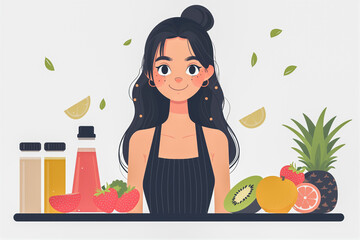Happy girl at the kitchen table, in front of her are juices, fruits, vegetables and berries: strawberries, kiwi, apples, grapefruit, pineapple, kiwi. Concept of diet and healthy eating, vegetarianism