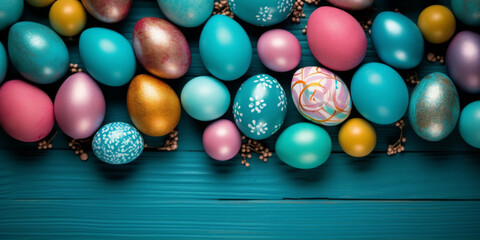 Fototapeta na wymiar colorful painted easter eggs on blue wood background. Easter frame of eggs painted in blue red yellow pink green colorful color. Flat lay, top view. Copy space for text