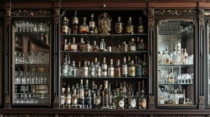Wide variety of bottles of alcohol or liqueur are placed on the shelves of a vintage bar - obrazy, fototapety, plakaty