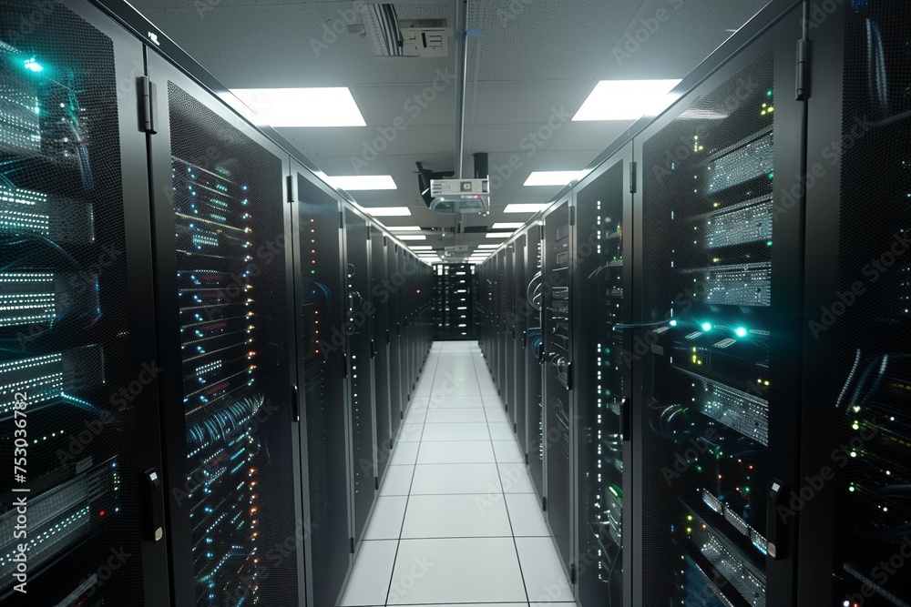 Poster modern data center with efficient lighting and server racks.