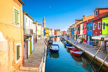 Island of Burano colorful houses and channel view, archiprelago of Venice