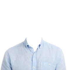 Outfit replacement template for passport photo or other documents. Light blue shirt isolated on...