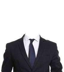 Outfit replacement template for passport photo or other documents. Office jacket, shirt and necktie isolated on white