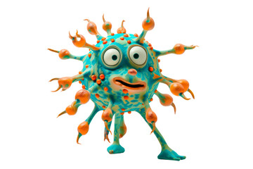 A cartoon virus character with two eyes, multiple orange-tipped protrusions, and a surprised expression, standing on two feet.