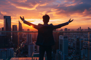 Profesional success. Excited executive businessman feeling triumphant hands up at a rooftop in downtown financial business district. Feeling at the top of the world