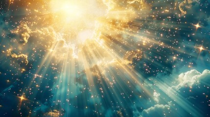 God light in heaven symbolizing divine presence. Light beams blessing world with heavenly light. - obrazy, fototapety, plakaty