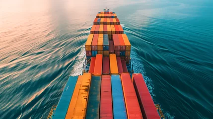Foto auf Alu-Dibond Logistics, container Cargo ship transportation with working crane bridge in deep sea for import export. © amazing studio