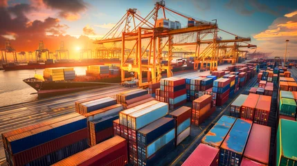 Fototapeten Logistics, Container Cargo ship transportation with working crane bridge in deep sea port for import export. © amazing studio