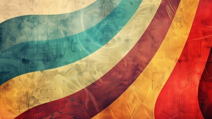 Abstract background with wavy stripes in a bright color palette of red, turquoise, and yellow, suitable for creative wallpapers or fashion designs.