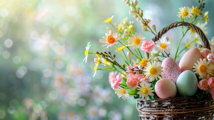 Easter basket filled with pastel color eggs and beautiful spring flowers