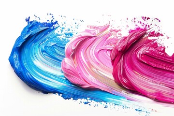 A vibrant textured strokes of blue, pink and magenta acrylic paint, swirling together, isolated on a pure white surface.