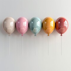 Row of colorful glossy reflective balloons in pastel tones, on a neutral background.